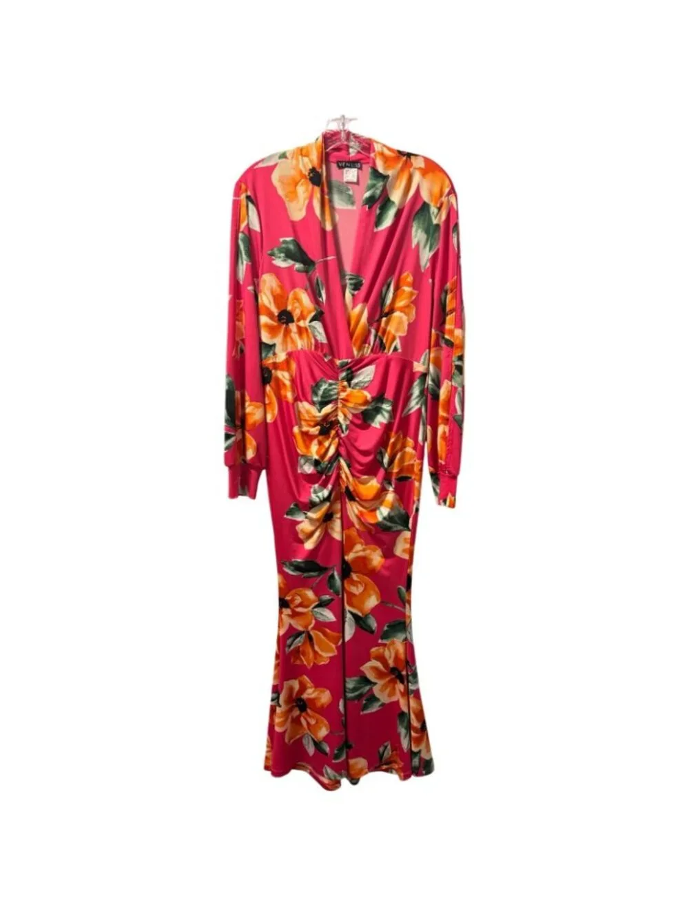 Venus Womens Pink Floral Long-Sleeve Ruched Dress Size M Polyester Dress - Picture 2 of 12